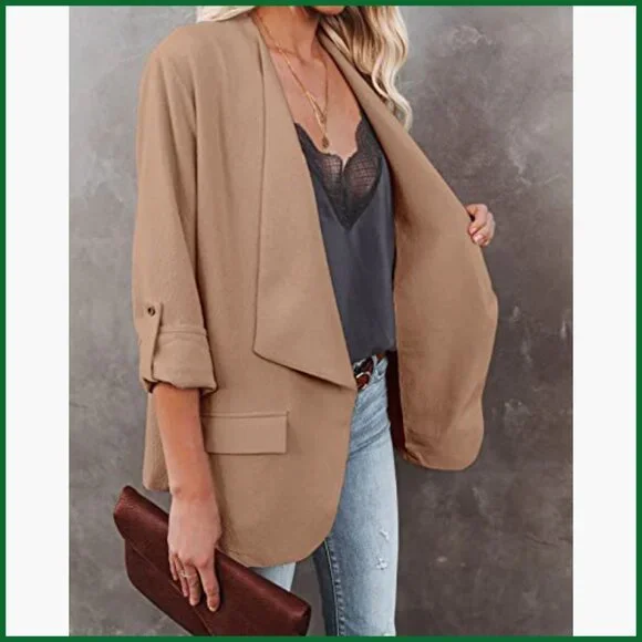 Casual Blazer with Roll Up Sleeves, Open Front, Pockets